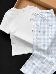 Attitoon 2pcs Set Embroidered Round Neck Short Sleeve Top And Striped Print Pants, Casual - Baby Blue - View 3