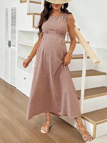 SHEIN 孕婦格紋肩結休閒無袖洋裝 - 彩色 - 查看 5