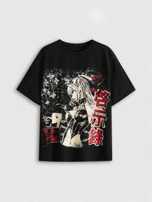 ROMWE Grunge Punk Anime Graphic Casual Comfortable Versatile Loose Fit Plus Size T-Shirt - Black - View 2
