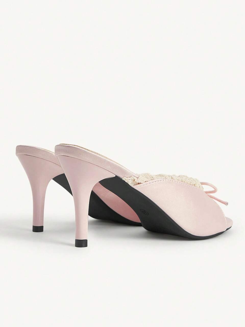CUCCOO CHICEST Spring And Summer Lace Fungus Edge Bow Round Toe Thin Heel High Heel Sweet Satin Naked Pink Mules Shoes Travel Dating
