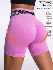 Powerista Contrast Color Letter Webbing Trim Fitted Sports Shorts Fitness Workout Yoga Running Gym Pink Fashion Summer Autumn Casual - Pink - View 10