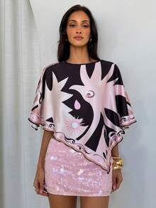 Aloruh Women's Elegant Square Neck Asymmetrical Batwing Sleeve Satin Printed Blouse - Multicolor - View 5