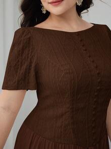 Modelyn Plus Size Women Solid Color Pleated Casual Party Dress - Coffee Brown - View 5