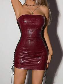SHEIN ICON Vestido ajustado tipo vendaje con decoración de tiras cruzadas - Burdeos - Ver 3