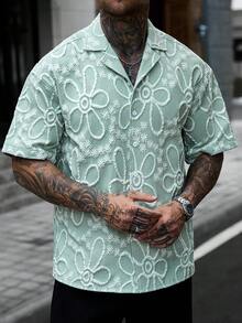 Manfinity CasualCool 男士花卉紋理單排扣短袖襯衫 - 綠色 - 查看 5