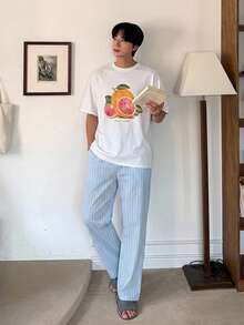 DAZY 男士夏季字母印花T恤與條紋長褲家居服睡衣套裝 - 彩色 - 查看 6