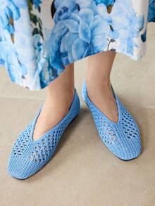 MOTF WOMEN LIGHT BLUE HOLLOW OUT SQUARE TOE FLATS SPRING SHOES - Baby Blue - View 6