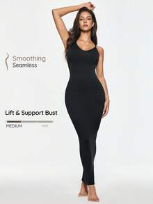 SHAPORA Plus Size Women's Solid Color Casual Daily Wear Bodycon Spaghetti Strap Dress - Black - View 1
