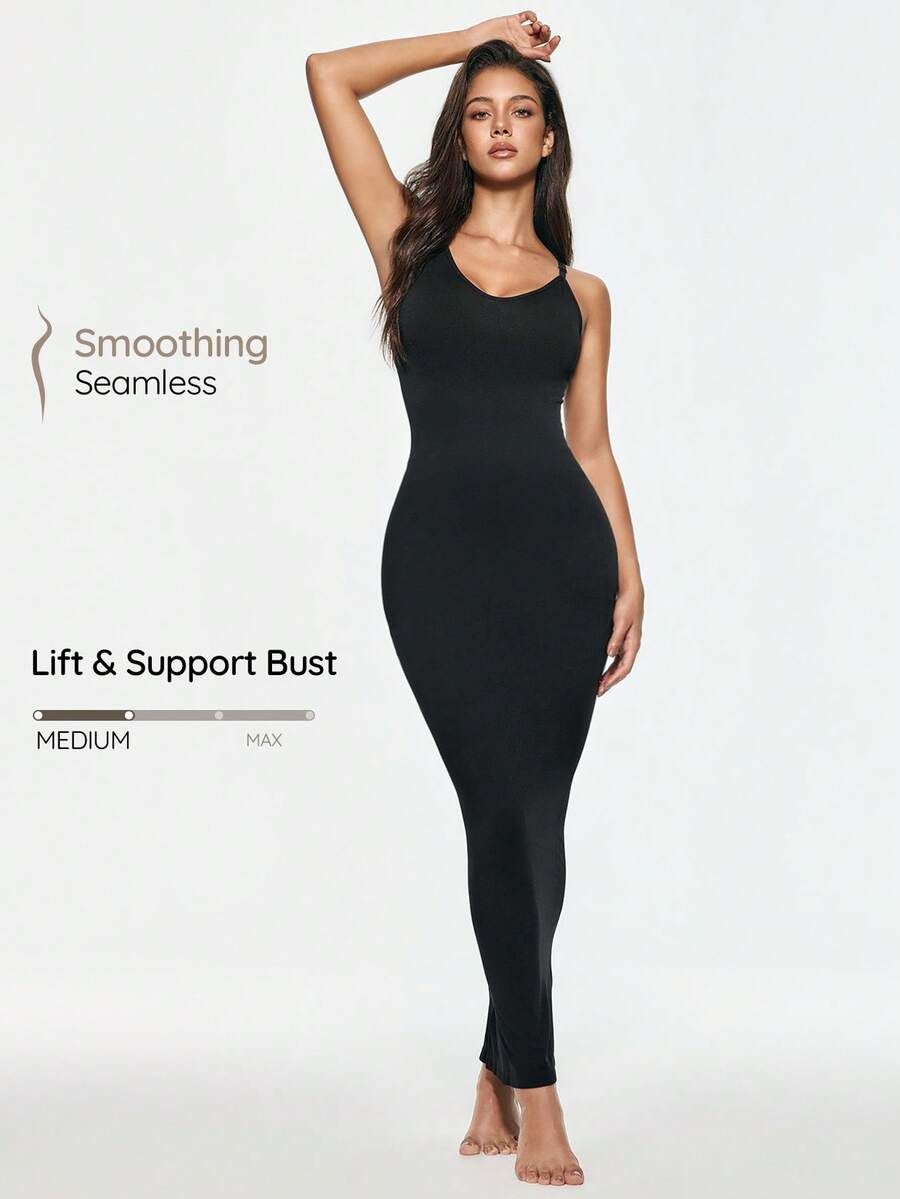 SHAPORA Plus Size Women's Solid Color Casual Daily Wear Bodycon Spaghetti Strap Dress - Black - View 1