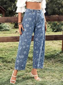 SHEIN Tall Women's Casual Vacation Daily Commute All-Over Floral Print High-Waist Straight Leg Jeans - Blue - View 4