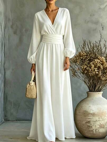 Everyssa Women's Elegant Romantic Solid Color Long Sleeve Jumpsuit Minimalist Style Waist-Cinched Design Wedding Garden Party Graduation College White Autumn