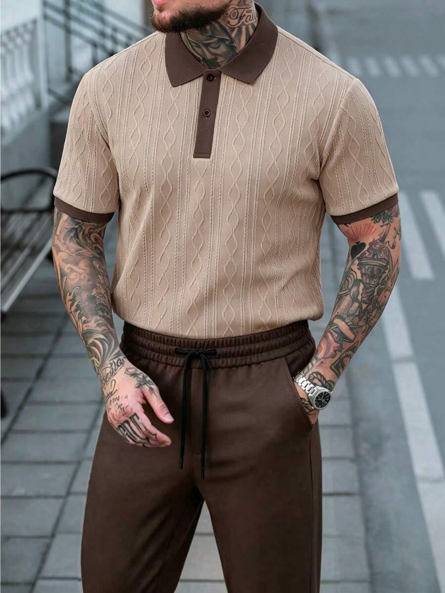 Manfinity CasualCool 男士夏季休閒 Polo 衫與短褲套裝 - 卡其色 - View 1