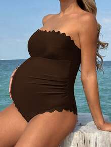 Swim Vcay Elegant Maternity One-Piece Resort Dress With Petal Trim - Brown - View 1
