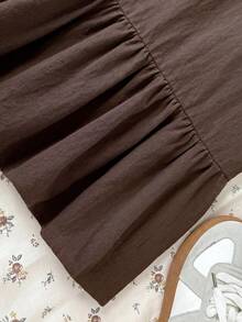 Teen Girl Brown Polo Collar Embroidered Pattern Ruffle Hem Casual Dress, School Uniform Style, Suitable For School, Outdoor Activities, Shopping, Daily Wear KIDS - Brown - View 4
