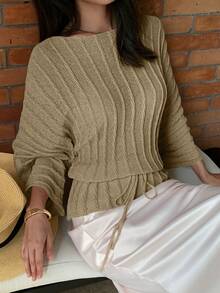 Yunfilé 女款夏季透視杏色針織蝙蝠袖上衣 - 卡其色 - 查看 4