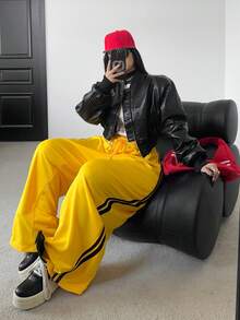 POPSWAY Celana Jogging Bergaris Kuning Gaya Olahraga Longgar Ukuran Plus untuk Wanita, Celana Kaki Lebar Longgar dengan Tali Serut dan Pinggang Tinggi, Musim Gugur 2025 - Kuning - View 3