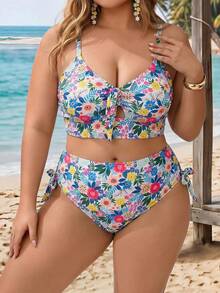 SHEIN CURVE+ 大码女式两件套印花加宽肩带三角比基尼套装，度假沙滩装 - 彩色 - 查看 4