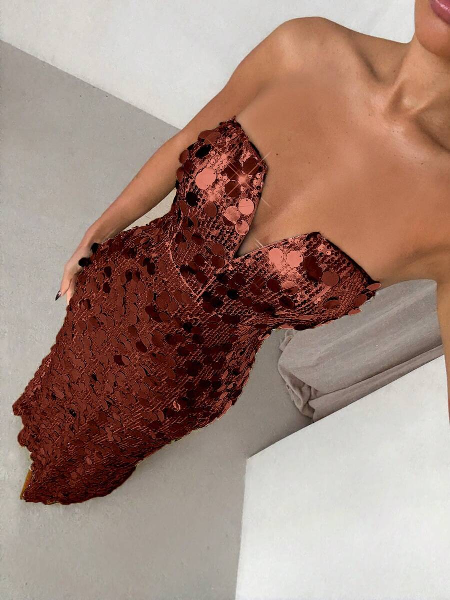 SHEIN Glamour 晚宴派對度假亮片洋裝,時尚優雅 - 酒紅色 - 查看 1