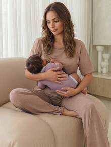 Slowluna Maternity Solid Color Round Neck Nursing Top And Adjustable Waist Long Pants Casual Daily 2 Pieces Set Loungewear Pajama Nightgown Robe  - Khaki - View 3