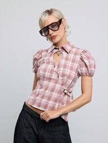 COUREZ Tie Side Puff Sleeve Shirt With Front Cut Out In Pink Check / Y2K Autumn Clothes Summer Outfits For Women Going Out Outfits Fall Shirts Going Out Top - Multicolor - View 4
