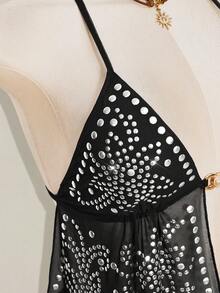 SHEIN ICON Women's Rivet Design Mesh Halter Neck Tank Top With Sexy Slit Hem - Black - View 10