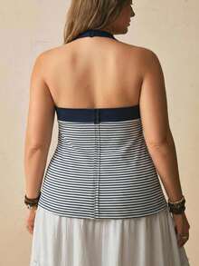 Levarali Women's American Retro Style Casual Tropical Navy Blue Ribbed Knit Camisole - Fitted Sleeveless Top Vacation Summer Formal - Navy Blue - View 2