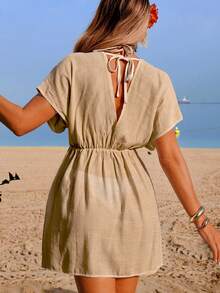 SHEIN Swim Women's Spring/Summer Beach Outfit, Bamboo Fabric Patchwork Lace V-Neck Cinched Waist Backless Tie Short Sleeve Vacation Dress A-Line Cover-Up - Khaki - View 3