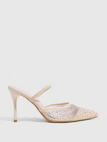 CUCCOO SZL Women Shoes Line Mesh Hot Diamond Pointed Toe Thin Heel Back Tripple Strap Sandals Light Ripe Fairy Style Spring And Summer Models Suitable For Wedding - Apricot A - View 2
