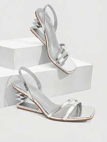 CUCCOO SZL Women's Silver Heeled Sandals With Unique Zigzag Heel And Square Toe Design - Silver - View 1