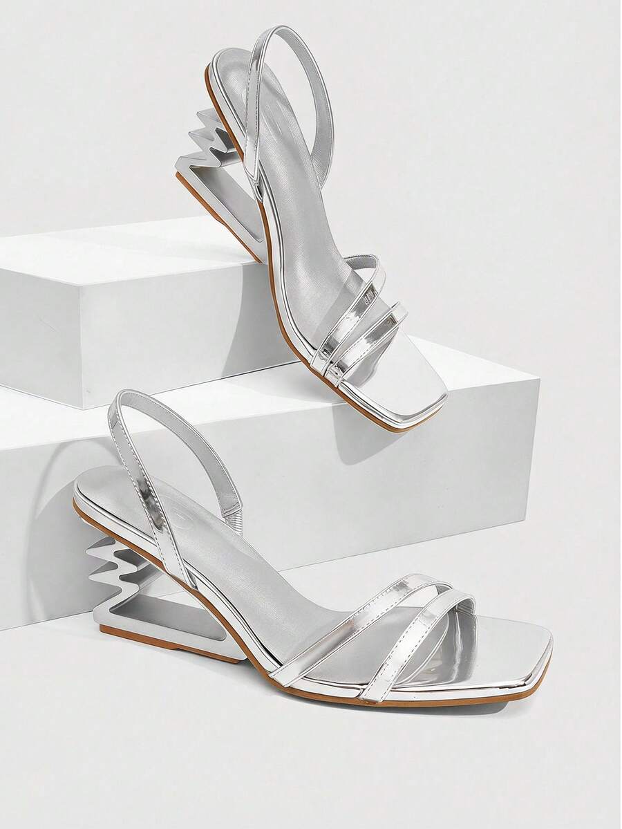 CUCCOO SZL Women's Silver Heeled Sandals With Unique Zigzag Heel And Square Toe Design - Silver - View 1