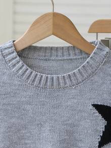 SHEIN Genkimix Kids 1件青少年女孩針織套頭毛衣，經典百搭圓領拼色星星提花圖案，休閒學院風，適中厚度，整齊下擺，細緻質感，單穿效果佳，適合日常穿著、上學、外出，秋冬款 - 灰色 - 查看 3
