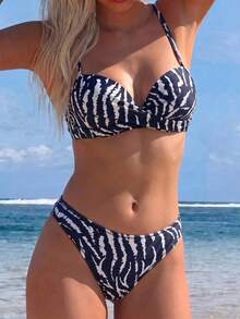 Swim Vcay Maillot de bain femme printemps/été à imprimé zébré, top à bretelles réglables avec nœud licou, dos lacé et bonnets rigides, assorti à un bikini triangle - Multicolore - Voir 3