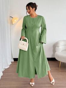 Firerie Vestido para mujer de talla grande, primavera/otoño, nuevo, minimalista, elegante, casual para ir a la oficina, viajes y vacaciones, con manga larga, botones delanteros, bajo acampanado pequeño, cintura ceñida, corte A, estilo vintage, romántico, bohemio y profesional - Verde - Ver 5