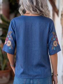 EMERY ROSE Women's V-Neck Printed Short Sleeve Blouse, Casual Matrix Versatile, Office Night Vacation Blue And Yellow Summer - Multicolor - View 2