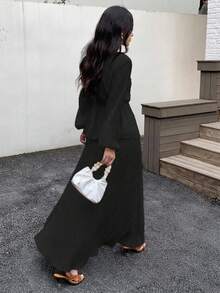 Solavon Women's Solid Color Long Sleeve Tie Decor Shirt And Skirt Two Pieces Set Tea Party Black Autumn Elegant Modest - Black - View 3