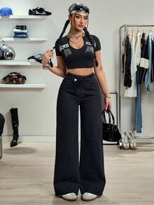 SHEIN Tall 女款高個子休閒百搭設計高腰直筒牛仔褲 - 黑色 - 查看 5