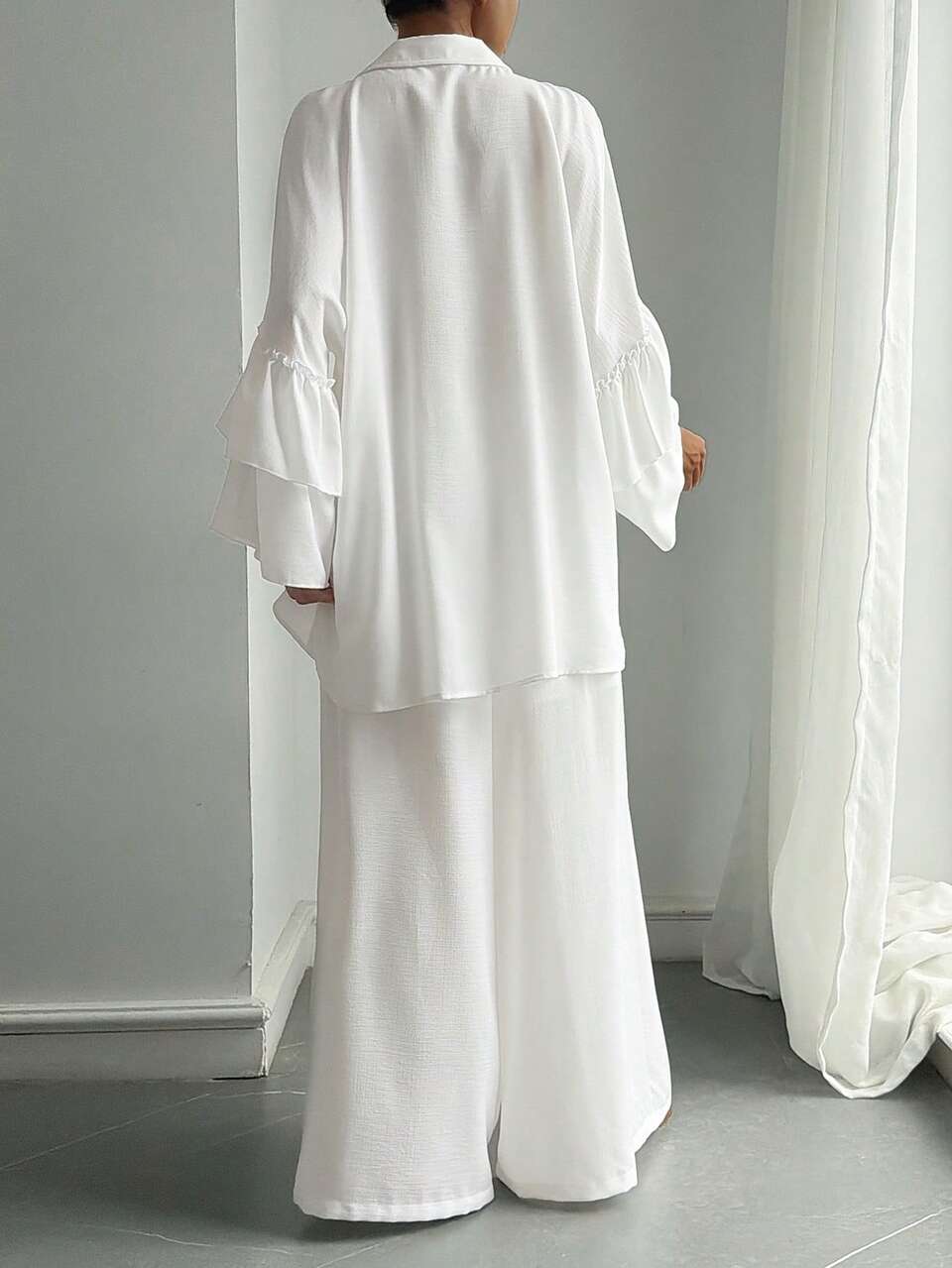 Summer Autumn V-Neck Flare Sleeve White Solid Color Loose Pullover Shirt With Wide Leg Pants Women 2 Pieces Set Lounge Sets For Women