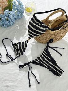 Swim SXY Women's Blue & White Striped Jacquard Fabric Spaghetti Strap Metal Decor Bikini Set, Spring/Summer - Black and White - View 3