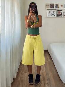 SHEIN Unity Women's Vintage Streetwear Casual Solid Color Pocket Loose Denim Capris Travel Yellow Summer - Yellow - View 4