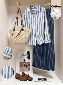 Muvela Elegant Women's Blue White Vertical Striped Button Down Shirt Figure Flattering Floral Print Blouse - Blue and White - View 1