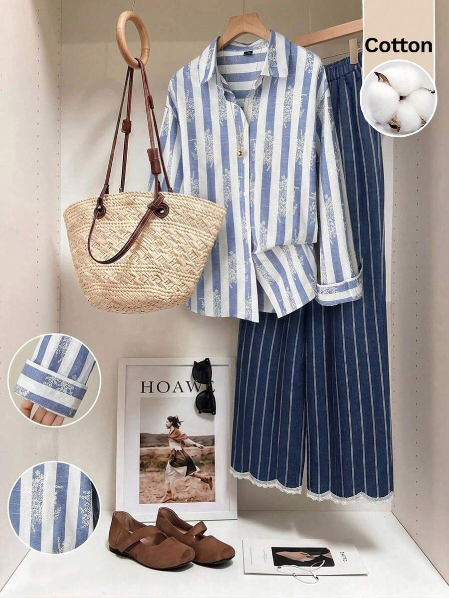 Muvela Elegant Women's Blue White Vertical Striped Button Down Shirt Figure Flattering Floral Print Blouse - Blue and White - View 1