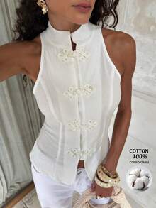 Opulessa Women's Solid Color Woven Off-Shoulder Fitted Tank Top For Vacation - White - View 3