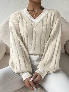 SHEIN LUNE 女款白色V領落肩長袖麻花編織針織衫，秋季休閒學院風，適合教師穿著 - 米色 - 查看 4