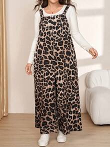 Comfylo Plus Size Leopard Print Wide Leg Jumpsuit - Brown - View 4