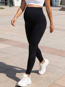 SHEIN Maternity Solid Color Casual Versatile Daily Wear Sports Long Pants - Black - View 1
