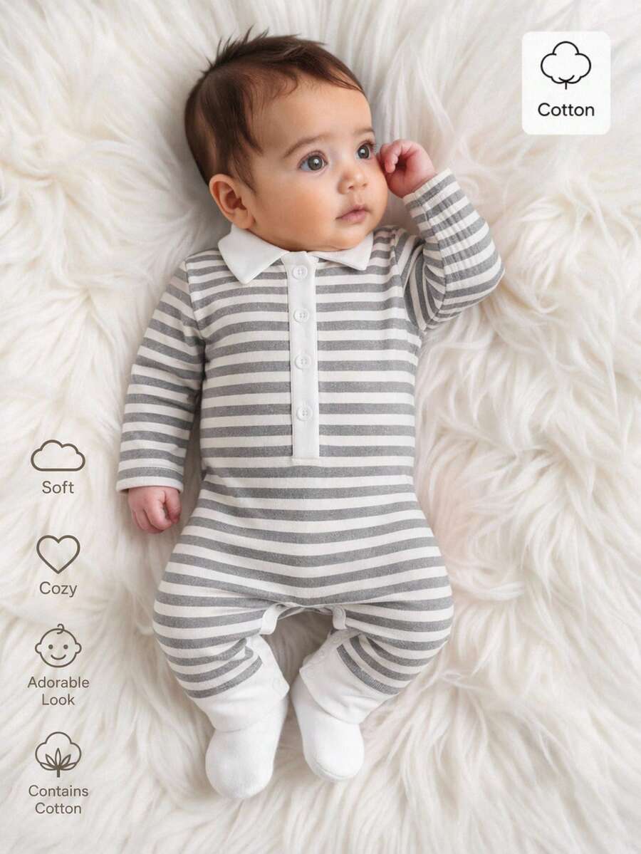 SHEIN 新生兒嬰兒幼兒男嬰女嬰可愛灰色 Polo 領長袖柔軟連身衣套裝 度假休閒款 夏季秋季 親子家庭套裝