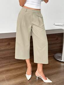 Easowa Women's Solid Color Pleated Design Wide Leg Loose Capri Pants - Khaki - View 3