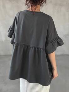 FRIFUL Camiseta de mujer de cuello redondo con mangas con volantes, versátil y de moda para el verano - Gris - Ver 3