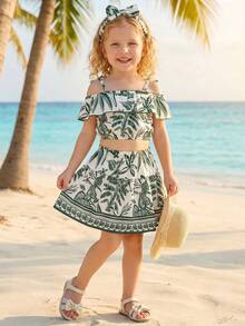 SHEIN Playful Pals 夏季女孩百搭時尚度假風花卉印花荷葉邊上衣 & A字裙 2件套 - 綠色 - 查看 13