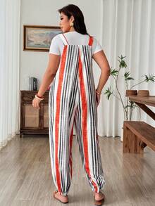 SHEIN LUNE CURVE Mono de verano casual holgado estilo francés vintage elegante para vacaciones y oficina con bolsillos estampado de rayas blanco integral formal para playa - Multicolor - Ver 2